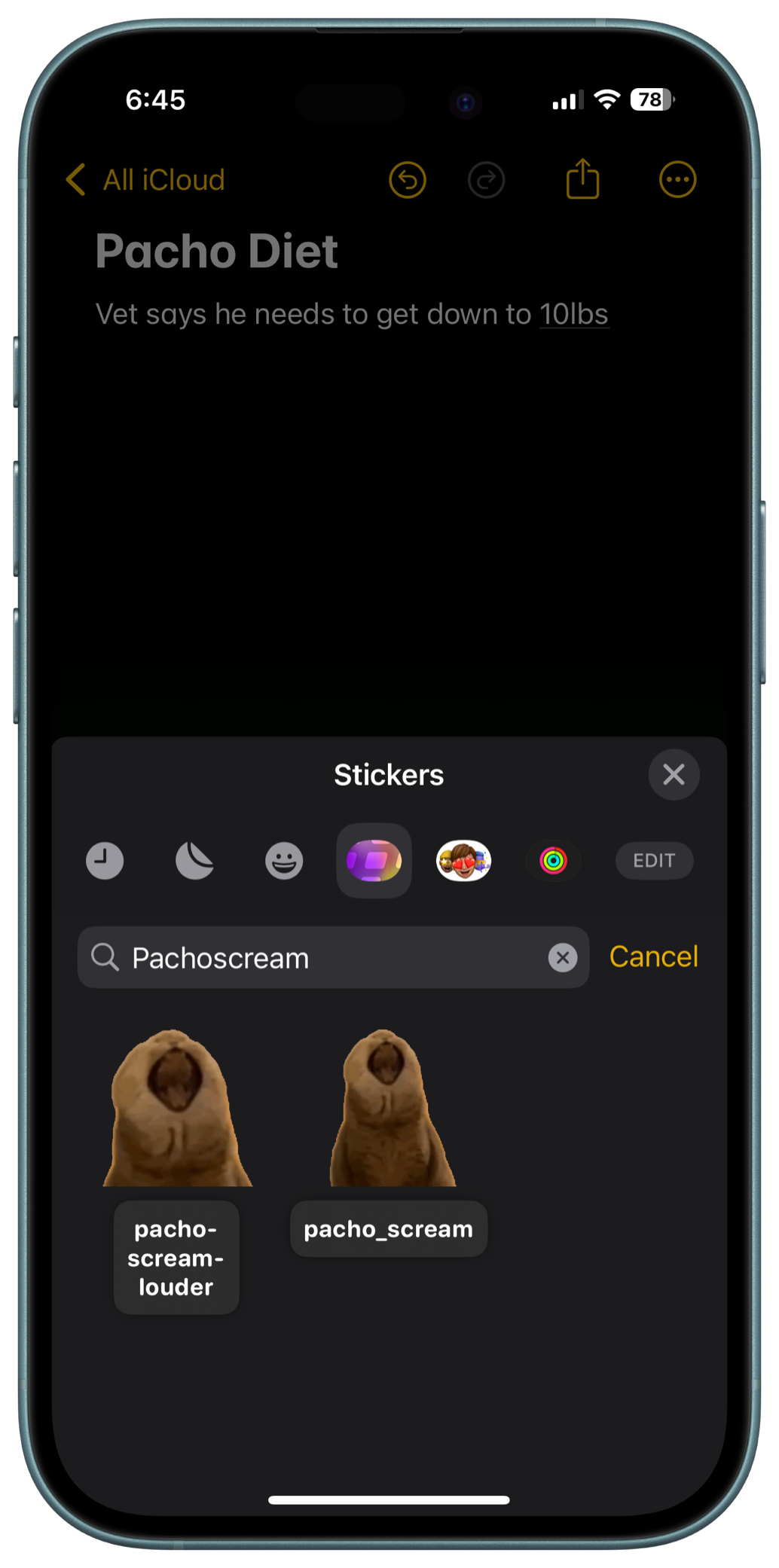 A screenshot of the iOS Notes app, describing a diet plan for a cat. A sticker drawer is open displaying Slicker, with several stickers showing cats screaming displayed.