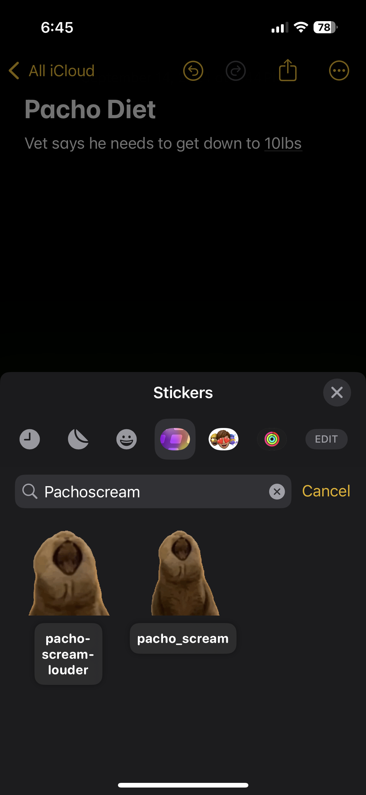 A screenshot of the iOS Notes app, describing a diet plan for a cat. A sticker drawer is open displaying Slicker, with several stickers showing cats screaming displayed.